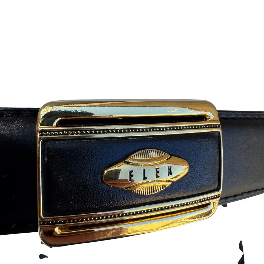 Flex Black Genuine Leather Belt Gold Button Lever‎ Buckle Made in USA Pat 097596